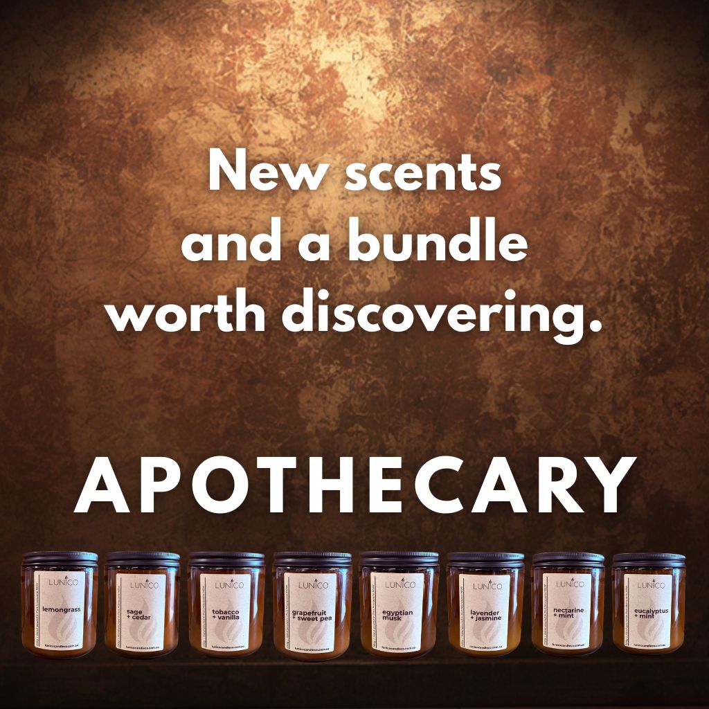 Row of candles on a dark background, featuring the word 'Apothecary' and 'New scents and a bundle worth discovering.' Clicking on the banner takes you to the Apothecary collection page.