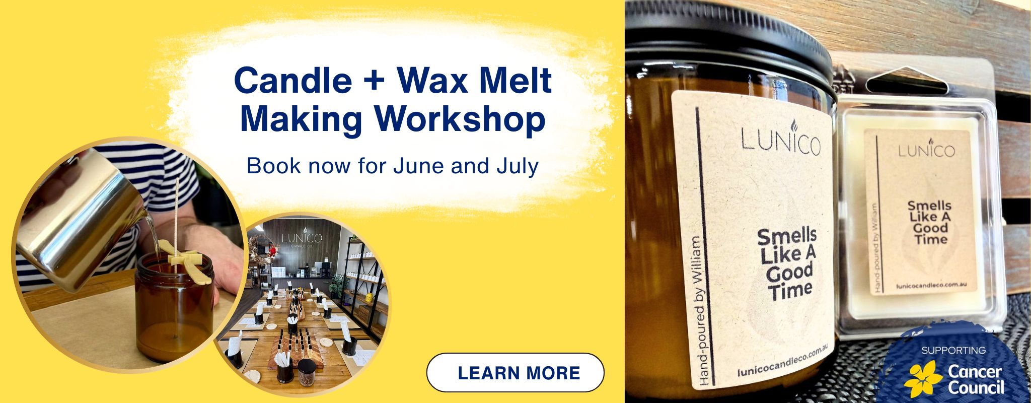 Advertisement for a candle and wax melt making workshop with LUNICO candles on a yellow background.