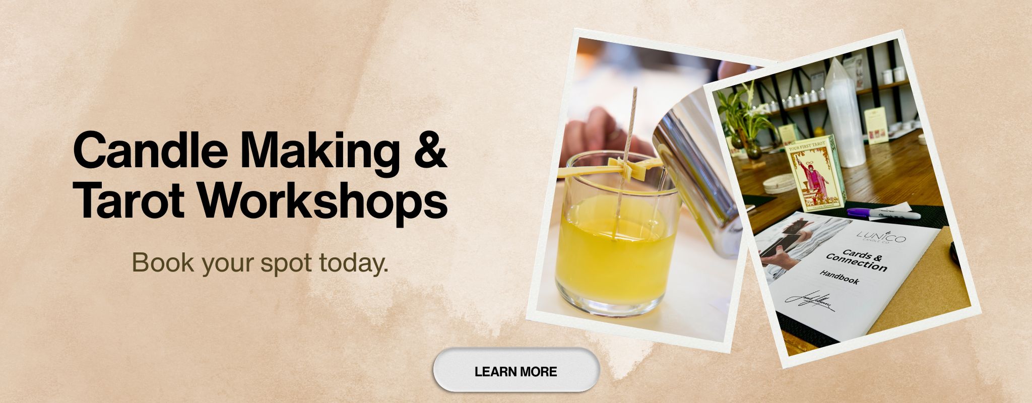 Advertisement for candle making and tarot workshops with a glass of yellow liquid and tarot cards on a beige background.